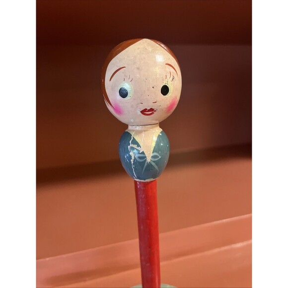 Vintage Hand Painted Wooden Figural Head Soldier Lady Hat Stand Pair Japan - Picture 6 of 8